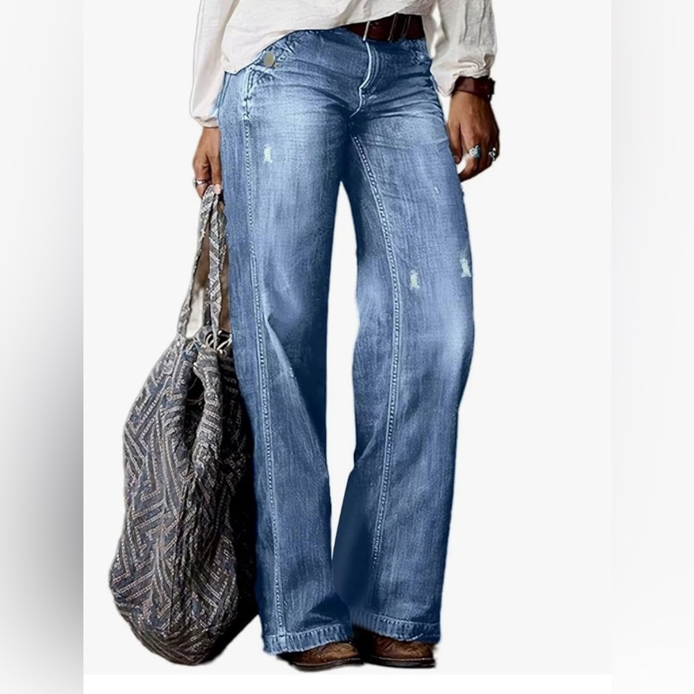 Straight Leg Jeans for Women Ripped Raw Hem Mid Waisted Bootcut Jeans